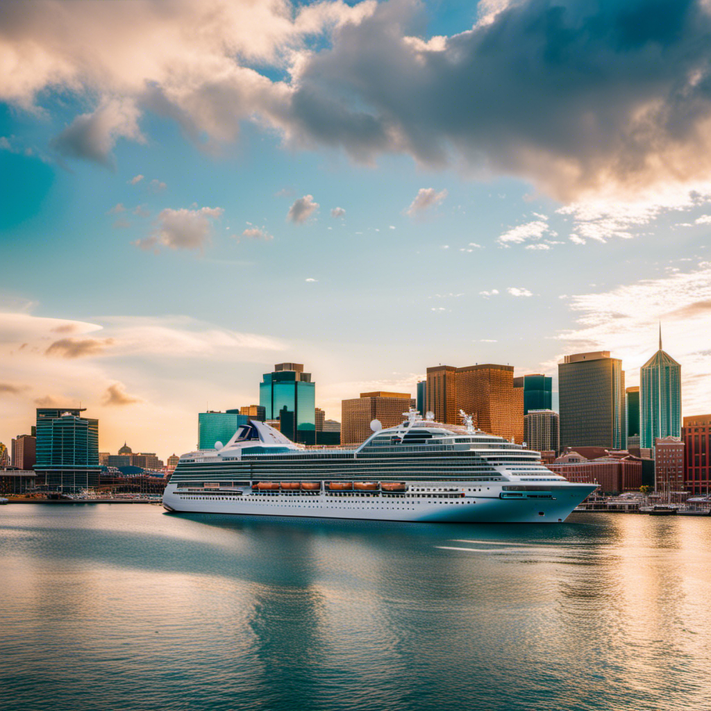 An image showcasing the vibrant Baltimore harbor, with a majestic cruise ship docked alongside