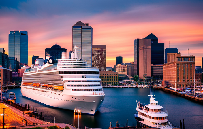 An image capturing the vibrant scene at Baltimore's bustling port: a majestic cruise ship docked alongside the iconic Inner Harbor, framed by the city's historic architecture and the lively hustle and bustle of eager travelers