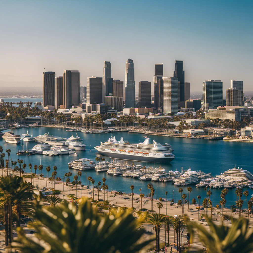 An image showcasing the vibrant coastal skyline of Los Angeles and Long Beach, with majestic cruise ships docked at the bustling ports, surrounded by luxurious waterfront hotels and palm-fringed beaches