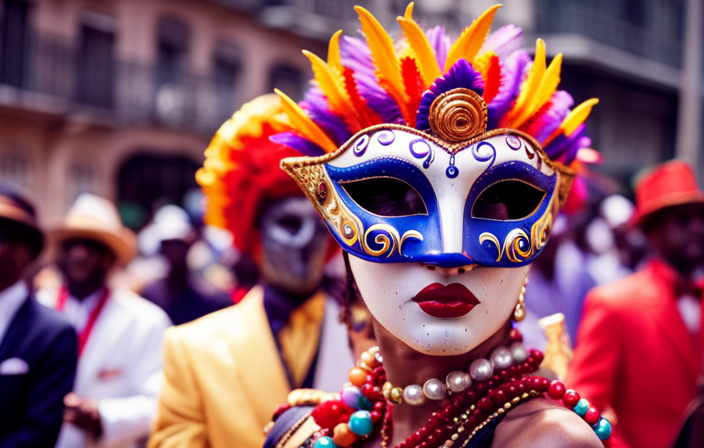 An image featuring a vibrant parade float gliding through the colorful streets of New Orleans, adorned with extravagant masks, dazzling beads, and lively jazz musicians in the background