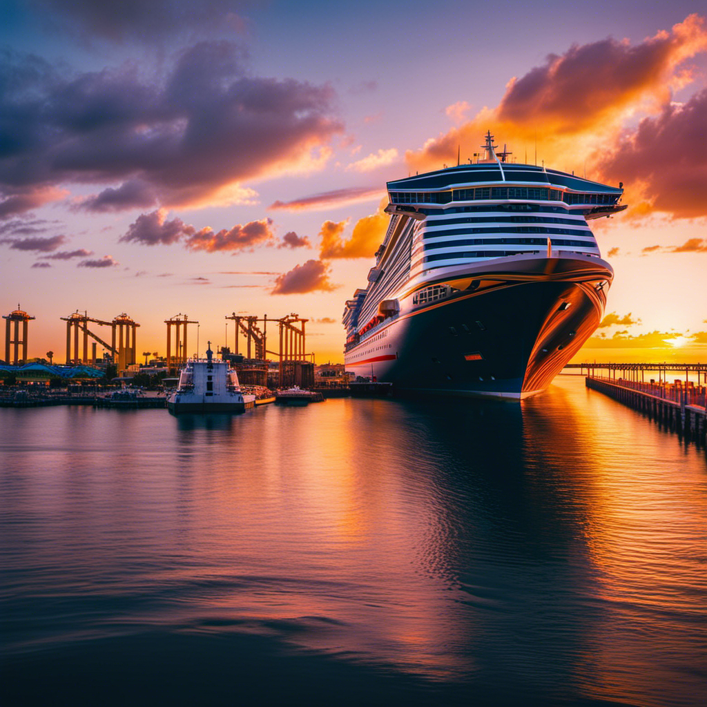 An image showcasing a stunning ocean liner departing from Port Canaveral, surrounded by the vibrant hues of a Florida sunrise
