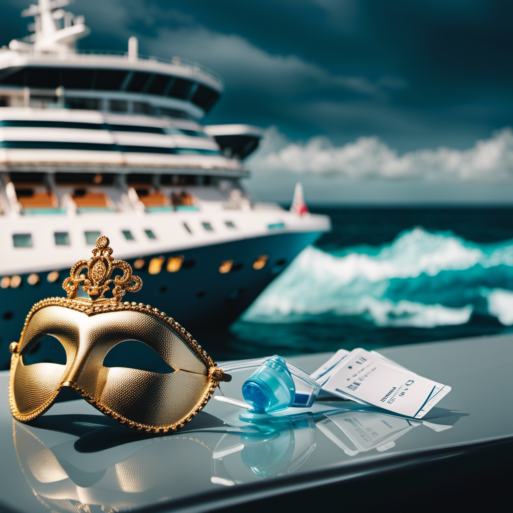 An image showcasing a luxurious cruise ship sailing through a stormy sea, surrounded by masks, hand sanitizers, and vaccination cards