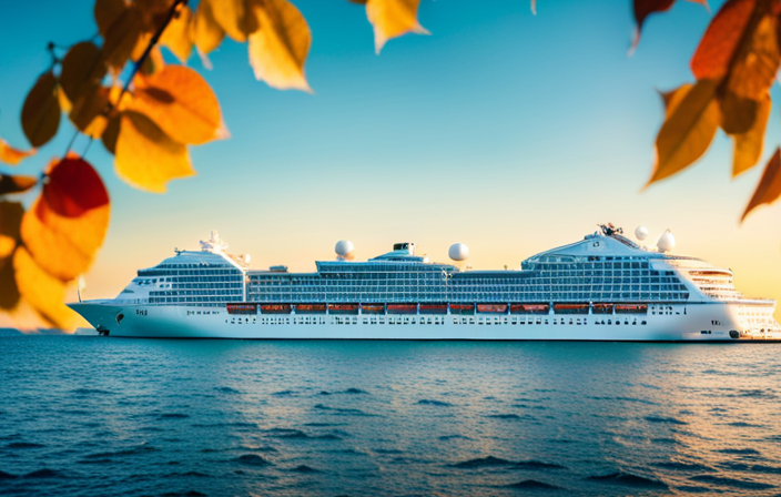An image capturing a serene cruise ship sailing through calm turquoise waters, surrounded by vibrant autumnal foliage on the shores