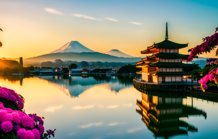 An image showcasing the majestic Mount Fuji draped in a serene pink sunrise, with a Holland America Line cruise ship gliding along the calm waters below, surrounded by ancient temples and lush green landscapes of Japan