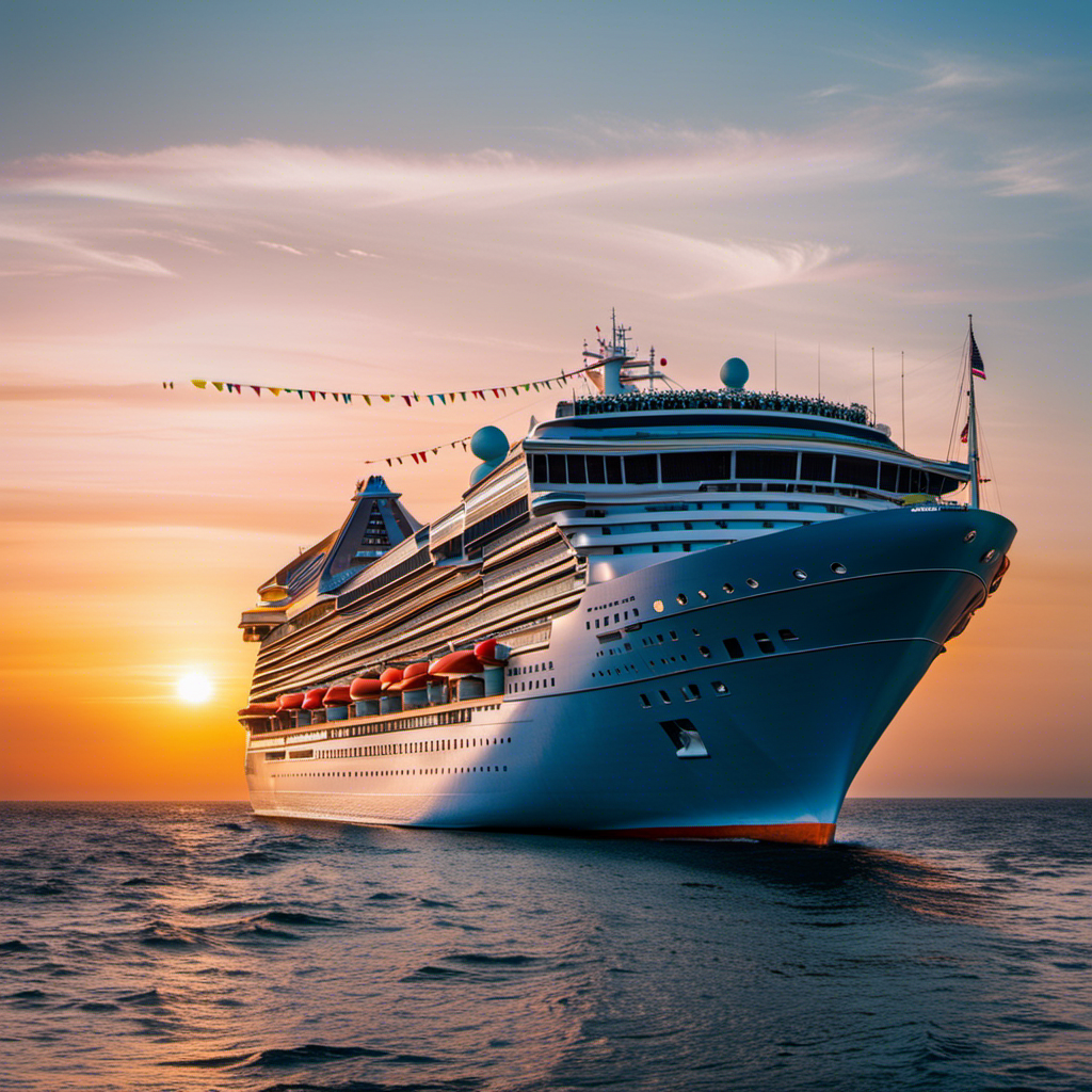 An image that showcases a majestic cruise ship adorned with colorful flags and surrounded by excited passengers, as it sets sail against a breathtaking sunset over the vast ocean