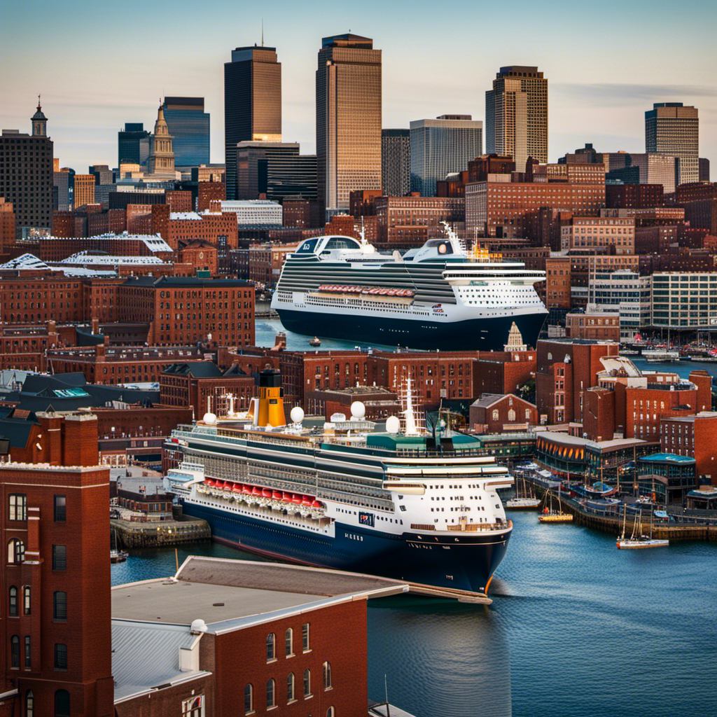 An image showcasing the Port of Boston, adorned with majestic cruise ships against a backdrop of historic brick buildings