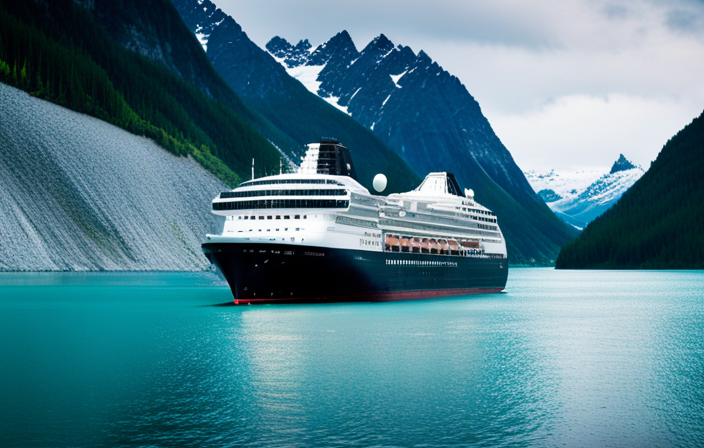 An image that captures the ethereal beauty of Alaska's glacial fjords, with a colossal Holland America Line cruise ship majestically sailing amidst the towering ice formations, surrounded by pristine turquoise waters