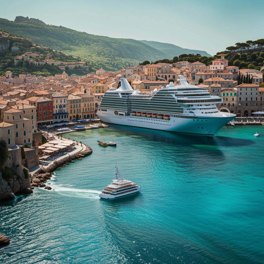 An image featuring a luxurious cruise ship sailing through the turquoise waters of the Mediterranean, framed by the vibrant colors of ancient coastal villages, bustling markets, and iconic historical landmarks