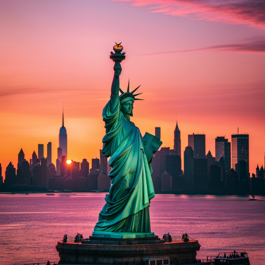 An image that showcases the iconic Statue of Liberty standing tall against the backdrop of the mesmerizing New York City skyline, framed by the vibrant hues of a setting sun on a cruise to the Big Apple