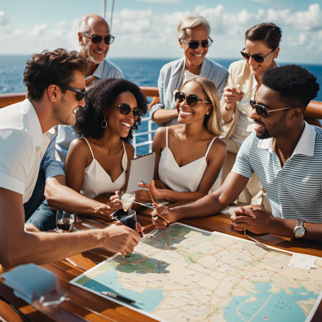 An image showcasing a diverse group of friends gathered on a cruise ship's deck, engrossed in lively conversations, surrounded by planning tools such as maps, itineraries, and etiquette guidelines
