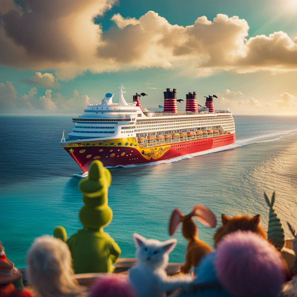An image showcasing a whimsical cruise ship sailing through a vibrant ocean, adorned with beloved characters like the Cat in the Hat, Shrek, Mickey Mouse, Iron Man, and others, bringing joy and magic to the journey