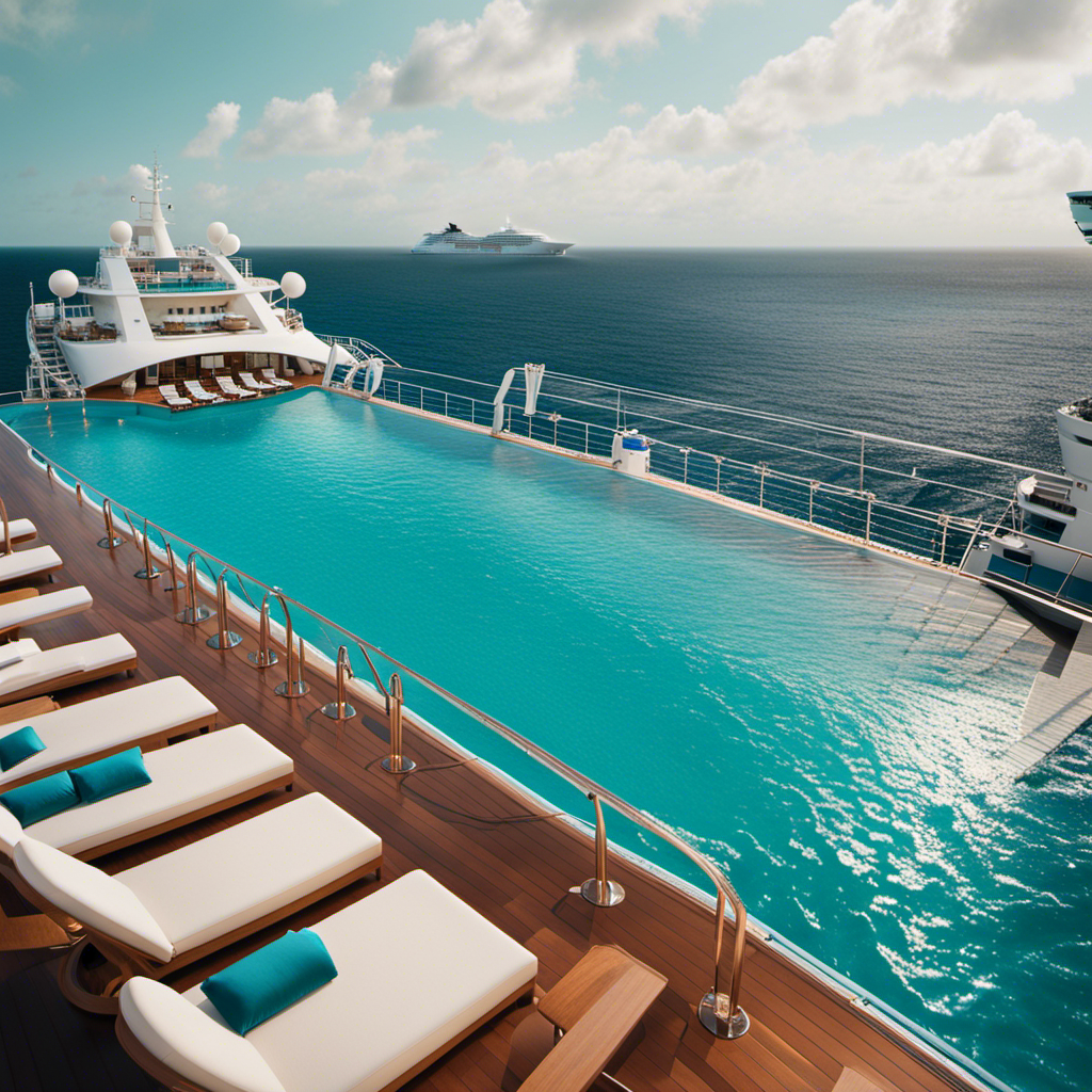 An image that captures the opulence of Cruising With Princess: a sun-kissed infinity pool on the ship's deck, surrounded by lush loungers, where guests bask in the lap of luxury against a backdrop of sparkling turquoise waters