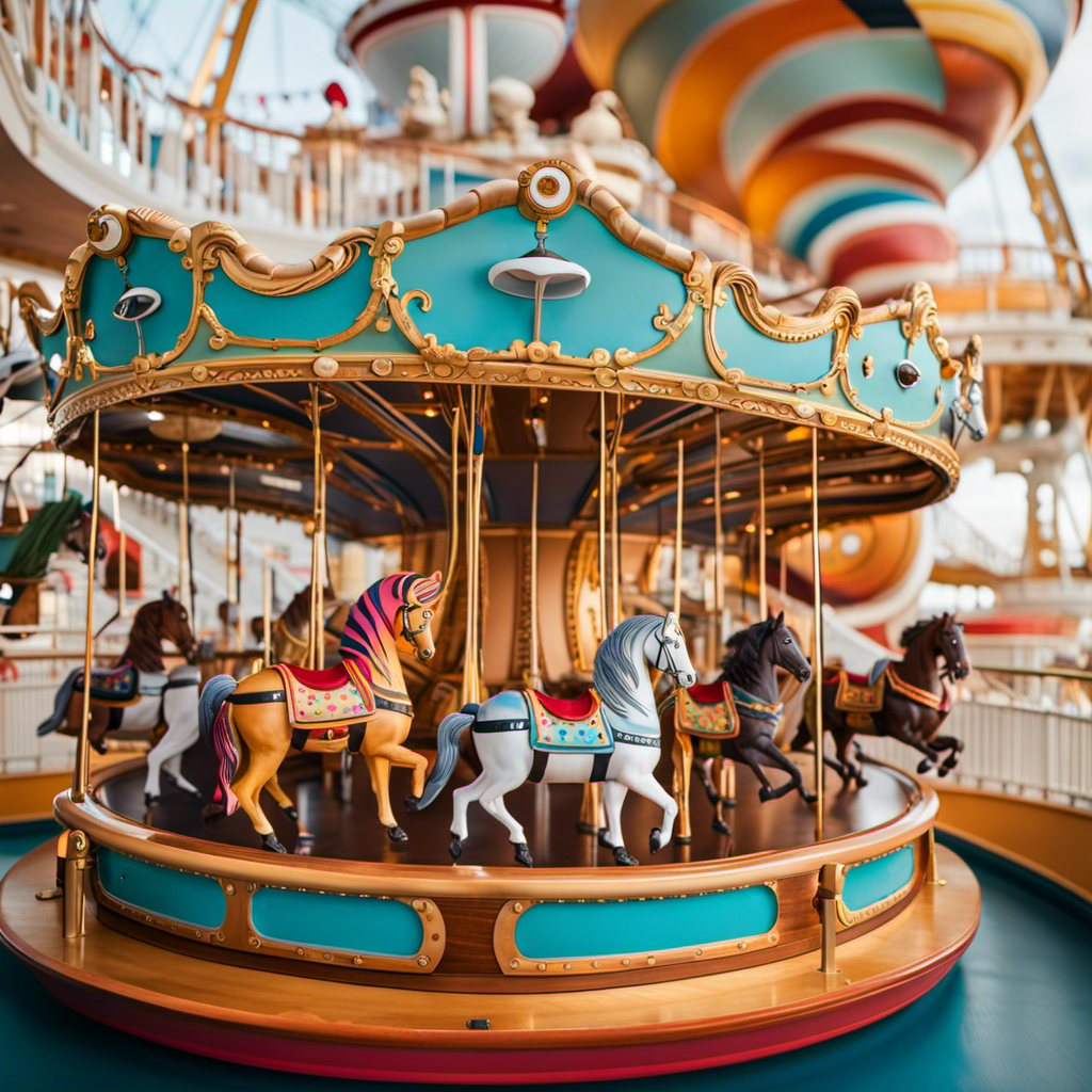 An image featuring a vibrant, floating carousel on a cruise ship's deck, surrounded by colorful, larger-than-life animal sculptures, a fascinating steampunk-inspired water slide, and a whimsical, retro-themed ice cream parlor