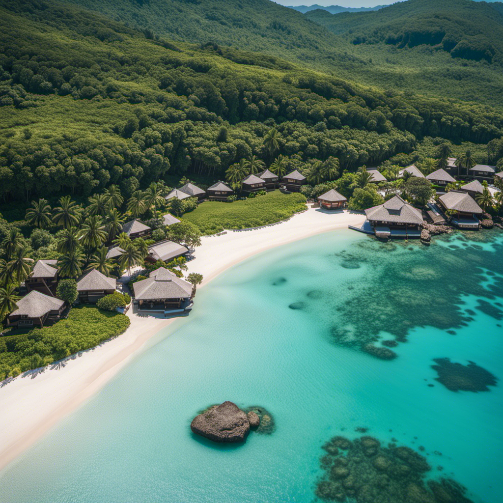 An image showcasing a pristine beach with crystal-clear turquoise waters, surrounded by lush greenery and dotted with elegant, eco-friendly resorts