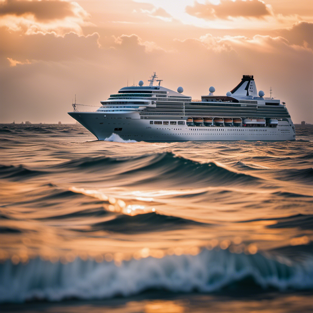 An image of a serene oceanic landscape at sunset, featuring a luxurious Crystal Cruises ship gracefully anchored amidst turbulent waves, symbolizing their prudent pause amongst industry challenges