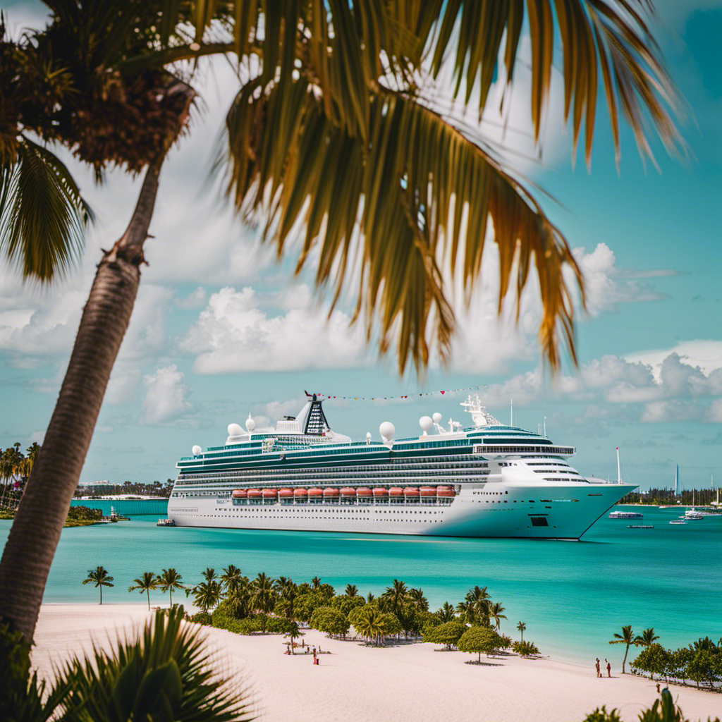An image showcasing the sparkling turquoise waters of Nassau's harbor, adorned with Crystal Cruises' magnificent ship, as palm trees sway in the background and luxurious beach resorts beckon
