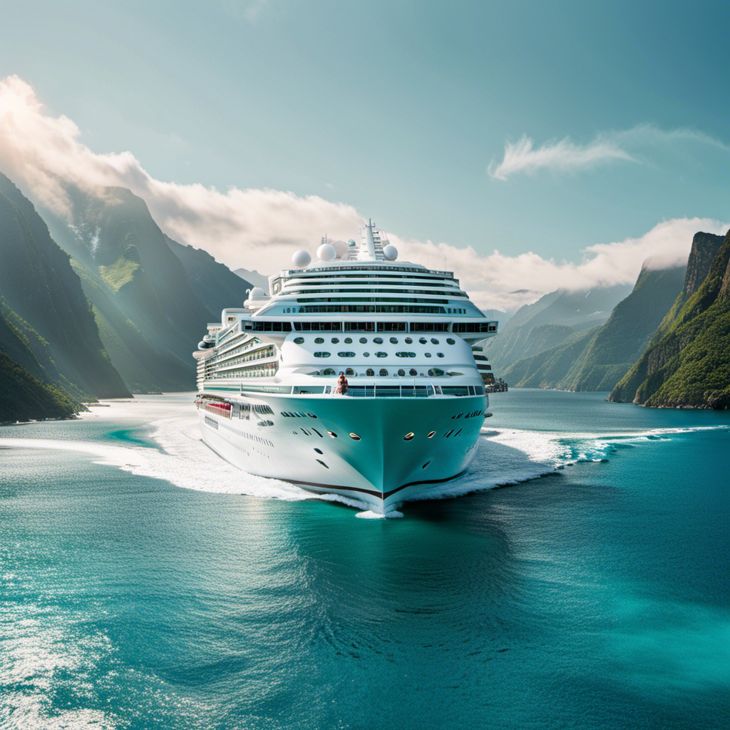 An image showcasing the grandeur of Crystal Cruises' World Cruise options: a luxurious ship sailing through aquamarine waters, surrounded by breathtaking landscapes, from snow-capped mountains to palm-fringed beaches