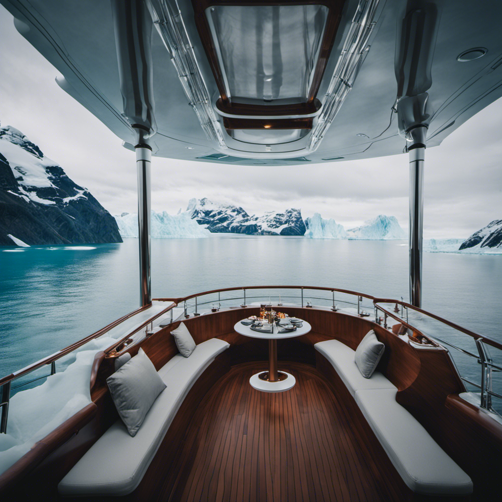 An image showcasing Crystal Endeavor, an opulent yacht sailing through icy Arctic waters, surrounded by towering glaciers