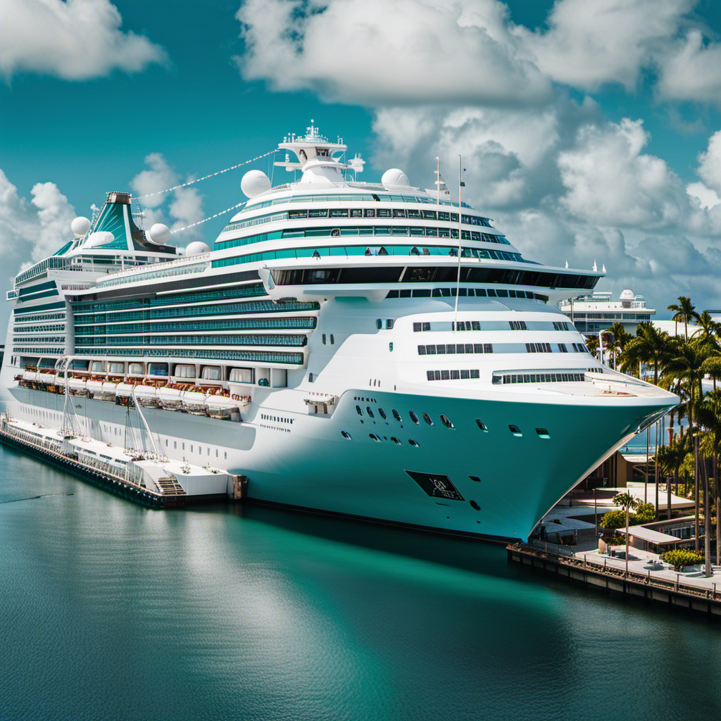 An image showcasing Crystal Serenity docked at Port Everglades, its sleek white exterior gleaming under the golden Florida sun