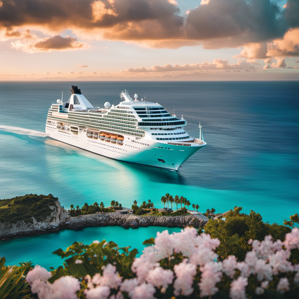 An image showcasing Crystal Serenity's relaunch: a sleek, luxurious cruise ship gliding through pristine turquoise waters, surrounded by breathtaking coastal landscapes and a vibrant sunset sky, symbolizing the dawn of a new era in cruising