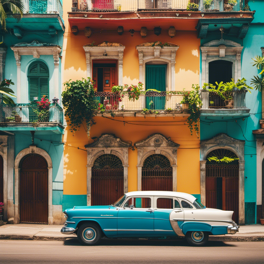 An image showcasing the vibrant streets of Havana, where vintage American cars painted in vibrant hues line the cobblestone roads, surrounded by colorful colonial buildings adorned with intricate balconies and lush tropical plants
