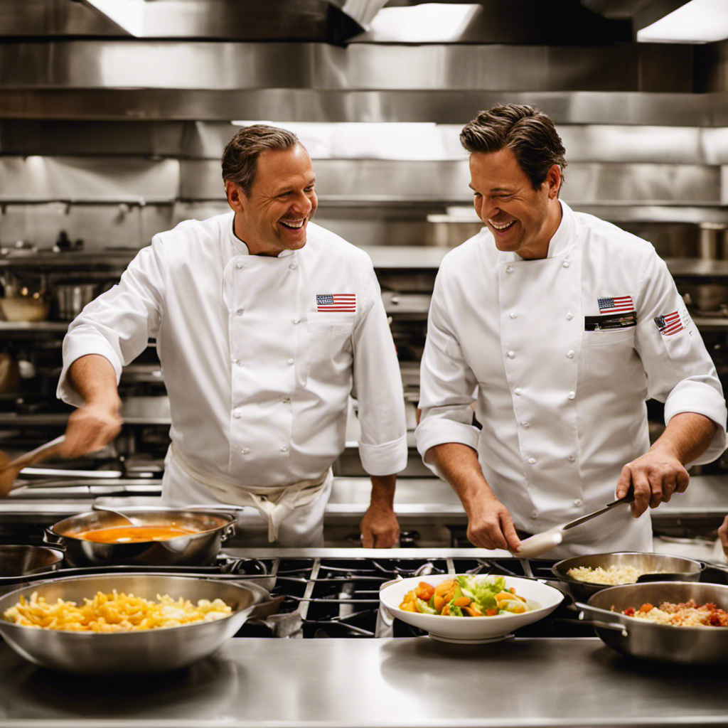 An image showcasing two expert chefs, one clad in a classic white chef's jacket representing American Queen Voyages, and the other in an America's Test Kitchen apron, as they joyfully exchange culinary techniques amidst a bustling kitchen filled with vibrant ingredients and state-of-the-art cooking equipment