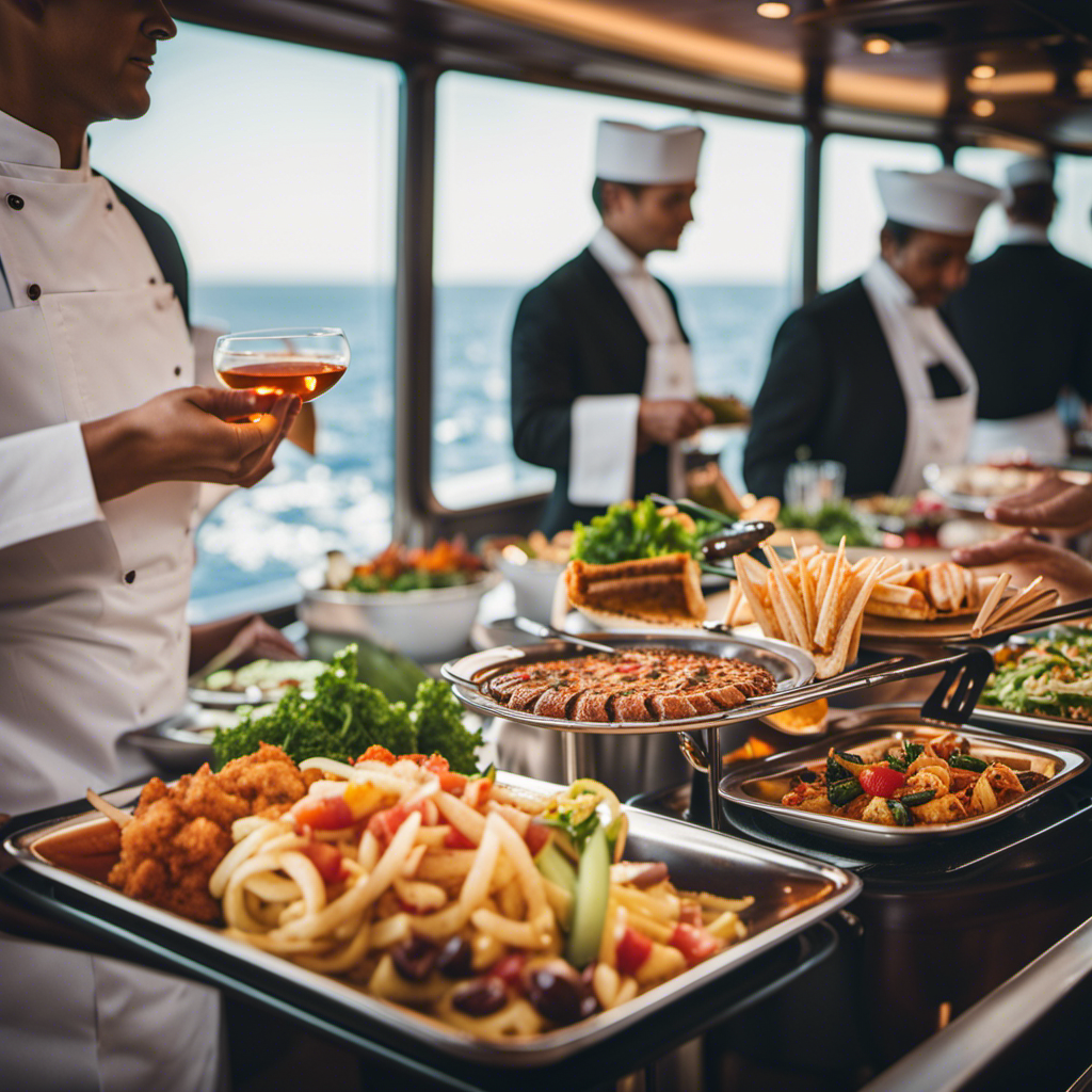 An image showcasing a luxurious cruise ship's deck, bustling with renowned chefs passionately preparing exquisite dishes, surrounded by stunning ocean views, as guests eagerly anticipate indulging in unforgettable culinary experiences