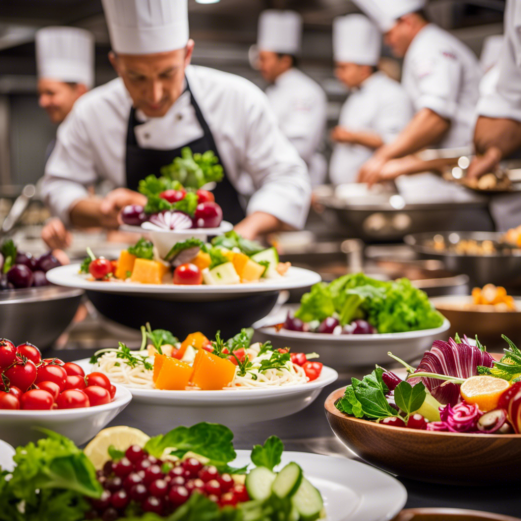 An image capturing the essence of culinary excellence at sea: a vibrant display of fresh, seasonal ingredients from around the world, skillfully prepared by Holland America Line chefs and tested by Americas Test Kitchen, inviting a feast for the senses
