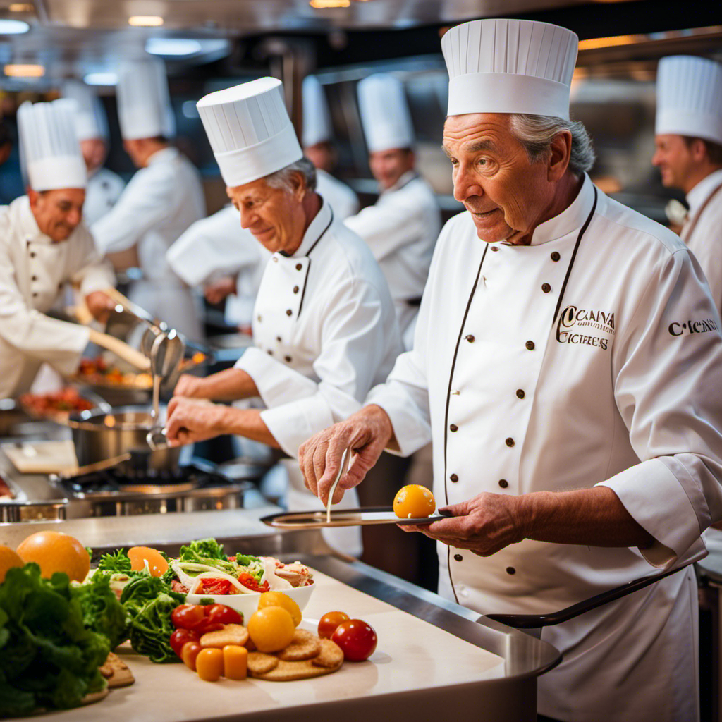 An image of a gleaming, state-of-the-art kitchen on an Oceania Cruises ship, with renowned chef Jacques Pépin orchestrating a symphony of culinary delights amidst a backdrop of pristine seas and opulent dining settings