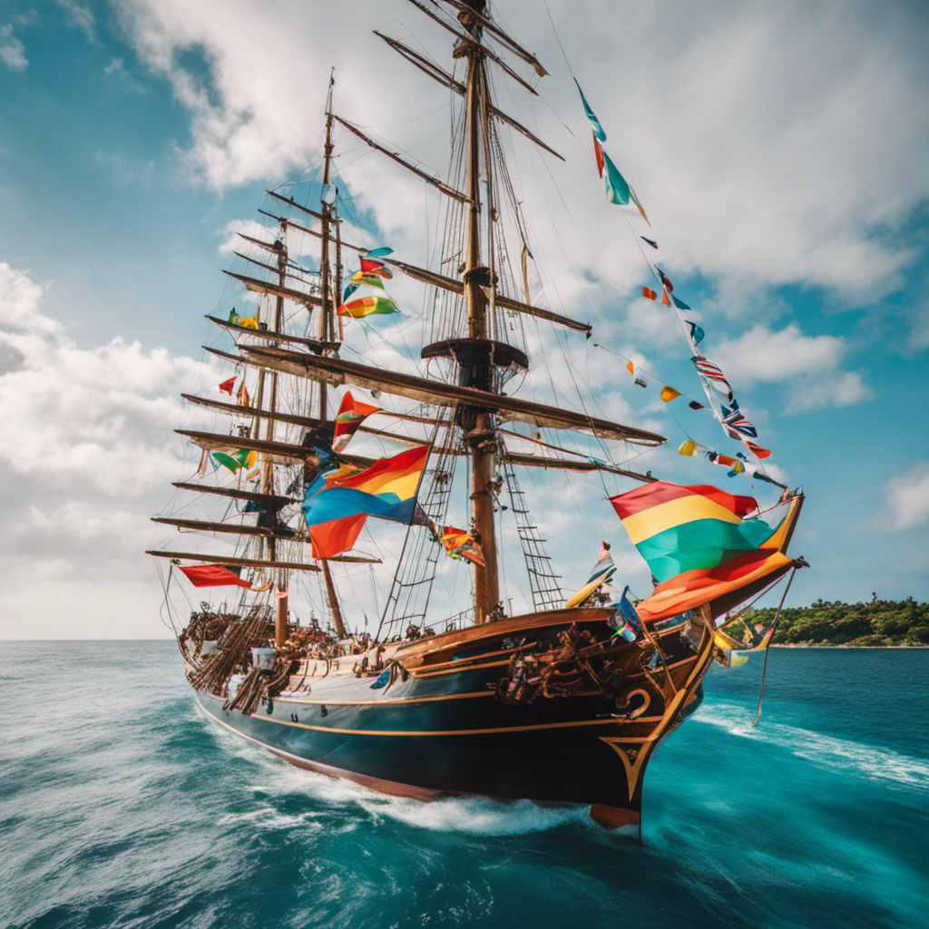 An image showcasing a magnificent sailing ship adorned with colorful flags, gently gliding on azure waters