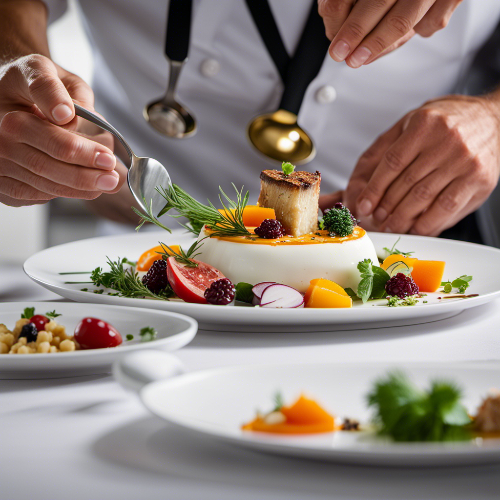 Create an image showcasing a Viking Cruises chef skillfully plating a gourmet dish on a pristine white plate, surrounded by vibrant, fresh ingredients and elegant culinary tools, illustrating the pinnacle of culinary excellence and recognition