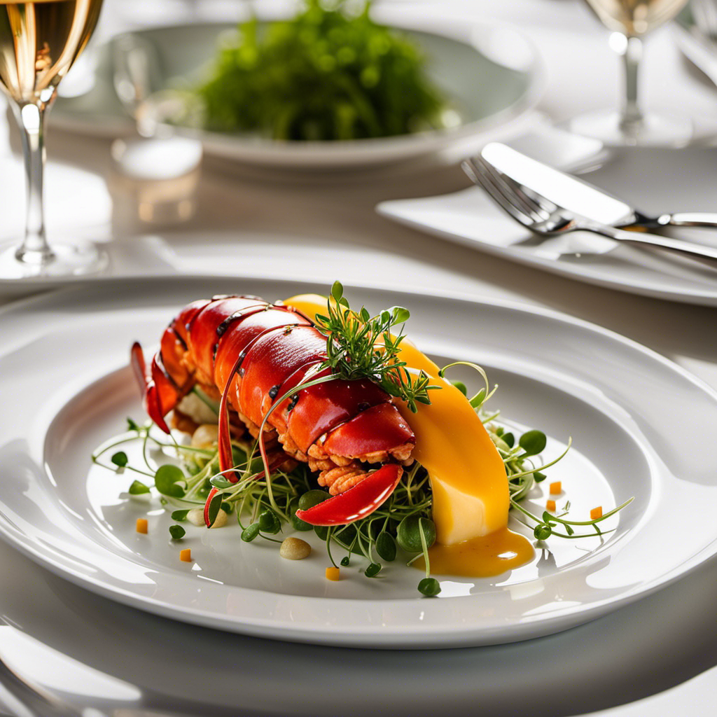 An enticing image showcasing the exquisite culinary delights on a Seabourn Cruise: a beautifully plated dish of succulent lobster tail drizzled with a delicate saffron-infused sauce, accompanied by vibrant seasonal vegetables, and garnished with microgreens