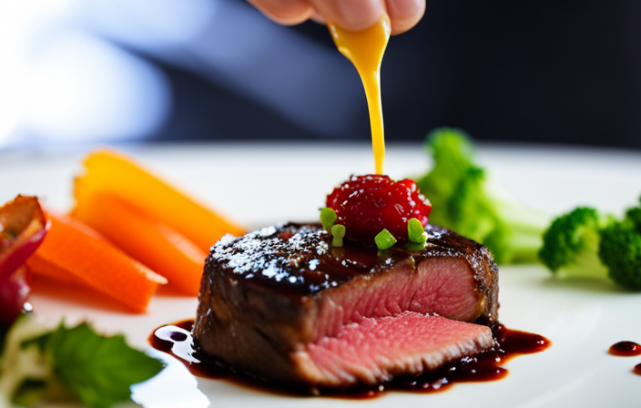 An image capturing the essence of Alexis Quaretti's culinary mastery, showcasing the vibrant colors of a perfectly seared filet mignon, accompanied by an exquisite reduction sauce and a medley of artfully arranged seasonal vegetables