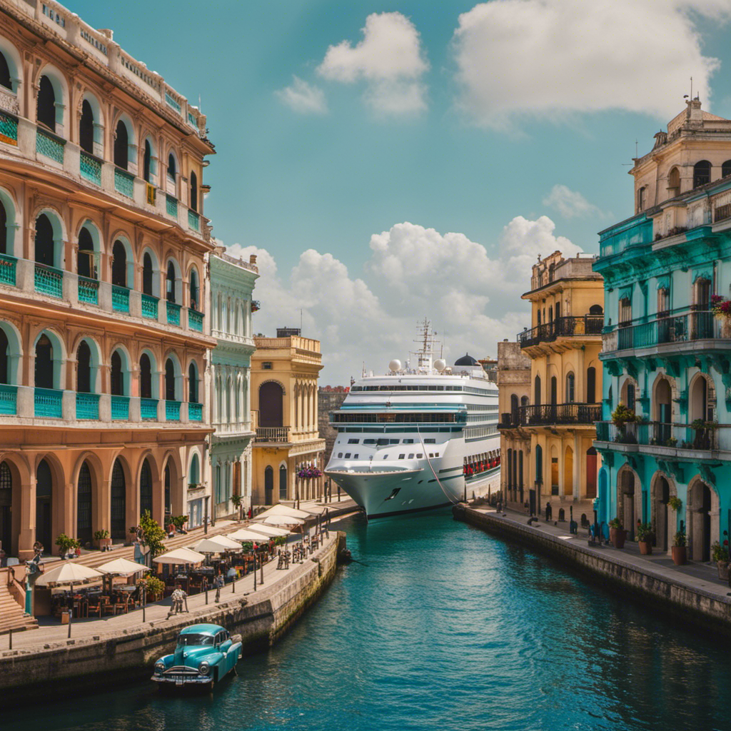 the essence of Cuban heritage and cultural exploration with a vibrant image of a Pearl Seas cruise ship docked in Havana's picturesque harbor, surrounded by colorful colonial architecture and a lively street scene