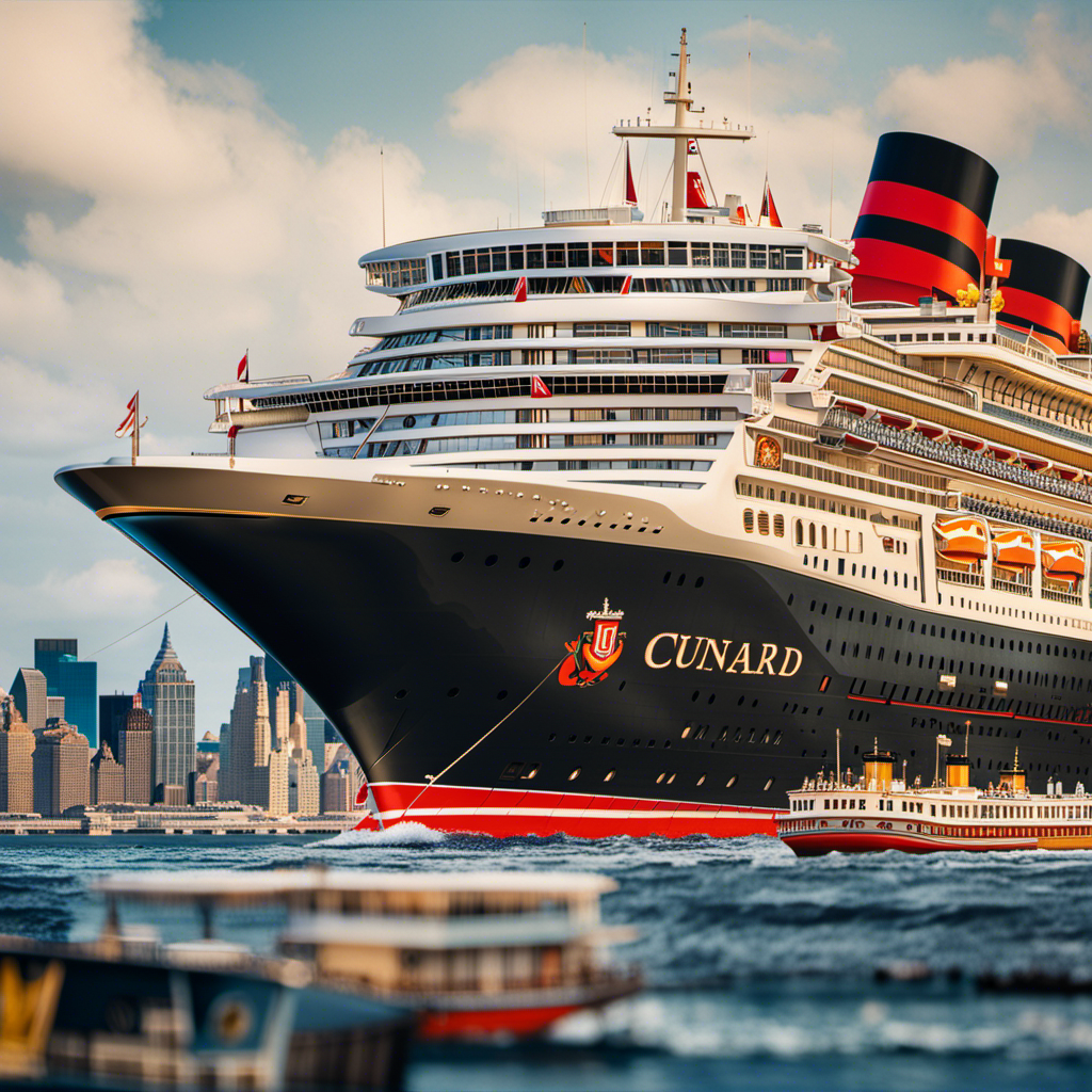 An image depicting a luxurious Cunard cruise ship adorned with vibrant New Yorker cartoons, seamlessly blending the elegance of cruising with the wit and humor of iconic cartoons