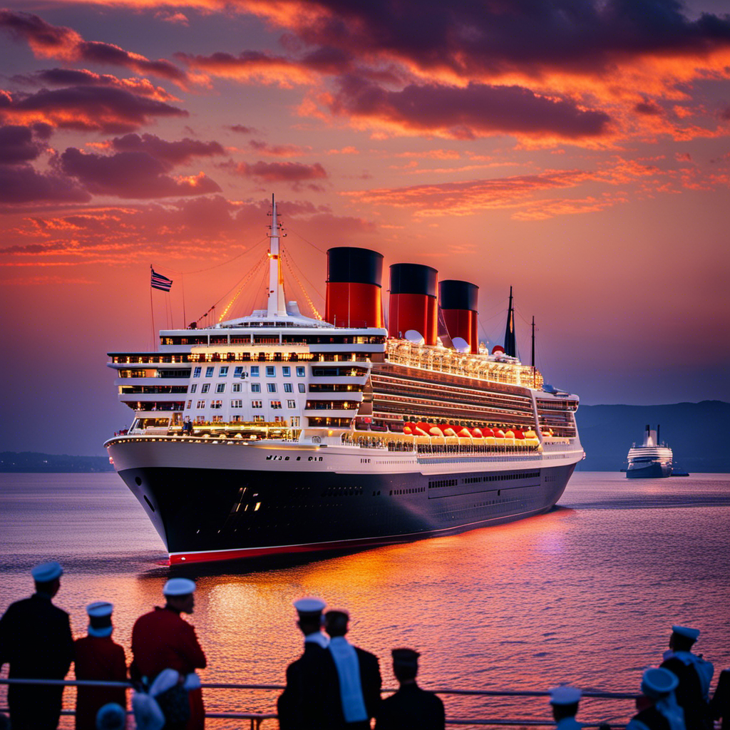 An image capturing the grandeur of Cunard Line's historic anniversary celebrations: a majestic ocean liner adorned with vibrant flags and sparkling lights, sailing under a breathtaking sunset sky, as jubilant passengers revel on deck