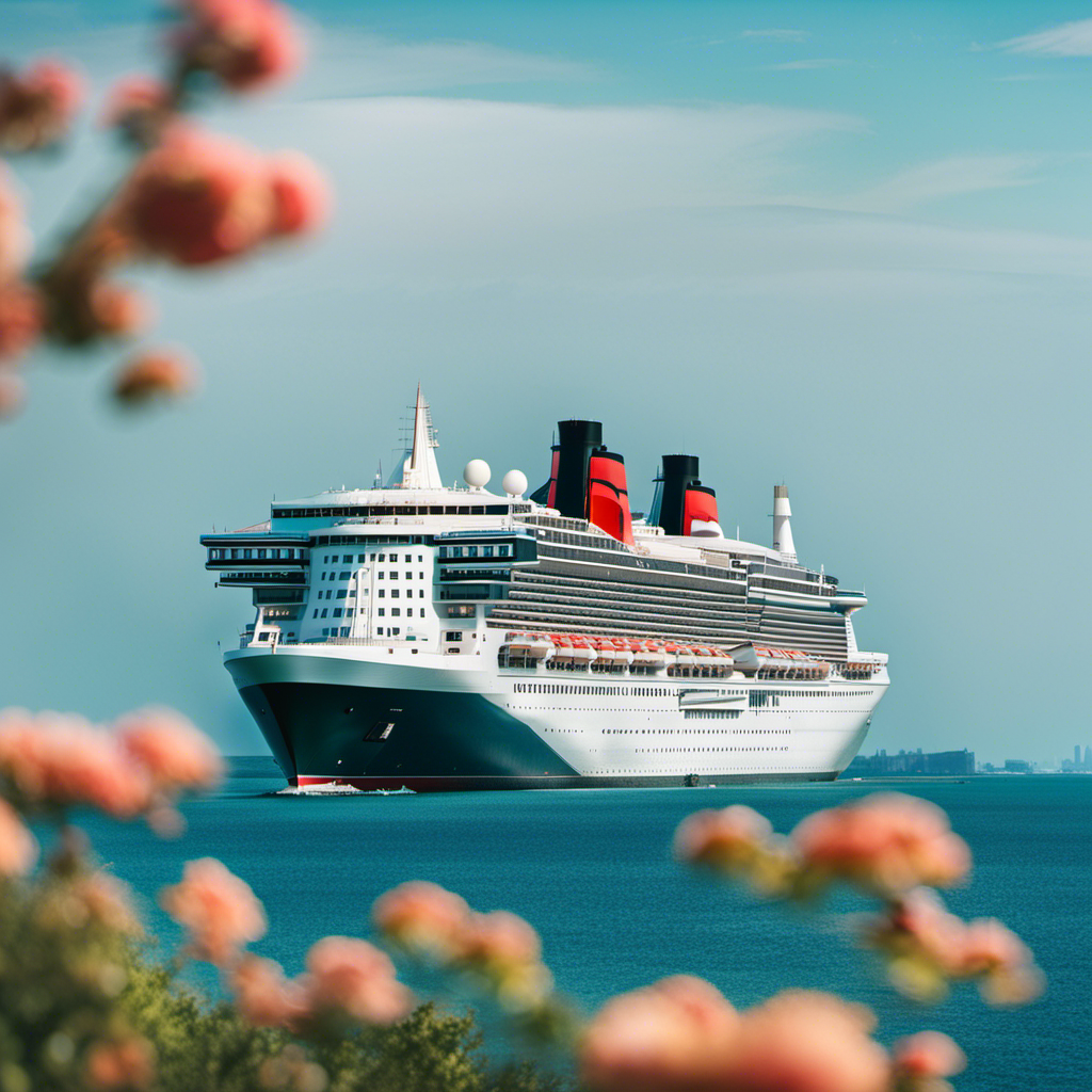 An image capturing the grandeur of Cunard Line's Queen Mary 2: a majestic ocean liner gliding through serene turquoise waters, adorned with elegant balconies, towering smokestacks, and shimmering golden accents