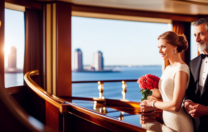 An image showcasing the opulence of a Cunard luxury cruise, with elegant interiors, attentive staff, and guests engrossed in educational activities
