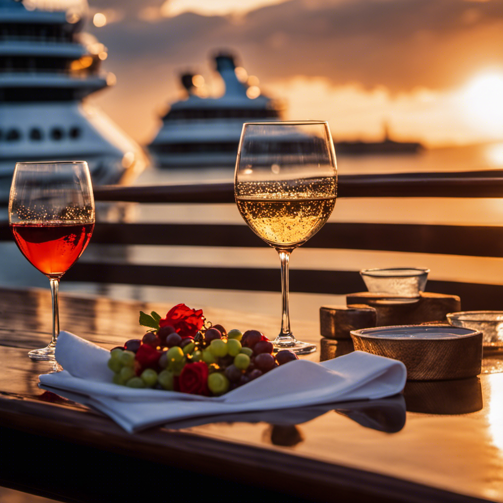 An image showcasing a luxurious cruise ship deck at sunset, adorned with elegant wine glasses and bottles from around the world, inviting readers to embark on a sensory journey of Cunard's partnership with WSET