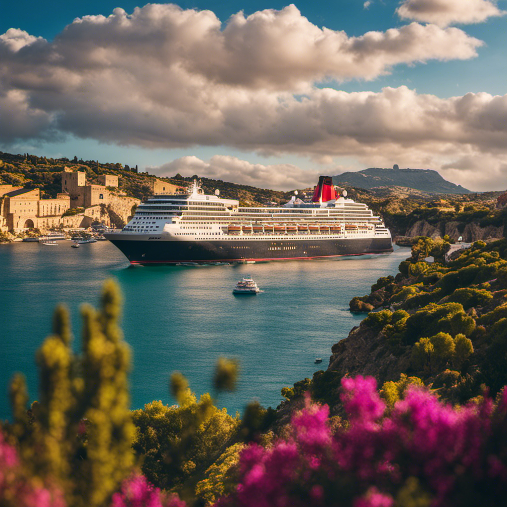 An image showcasing the vibrant hues of the Mediterranean Sea, with Cunard's majestic cruise ship sailing through crystal-clear waters, passing by iconic landmarks like the Colosseum and the Greek Isles