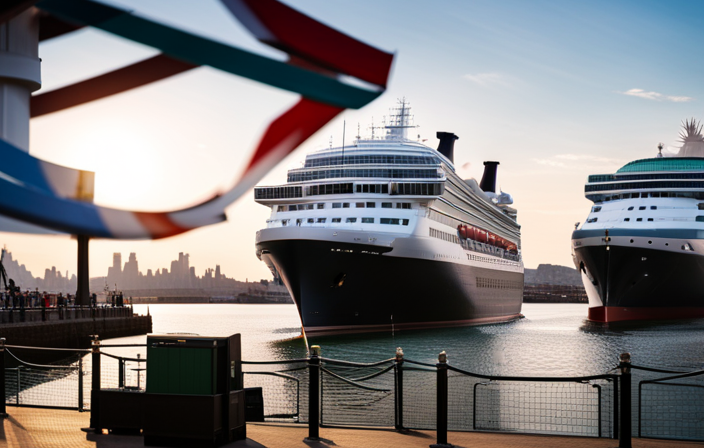 An image showcasing the iconic Queen Elizabeth cruise ship docked in a bustling UK port, its grandeur juxtaposed with the stillness of the surrounding empty docks, symbolizing Cunard's strategic decision and adapted operations