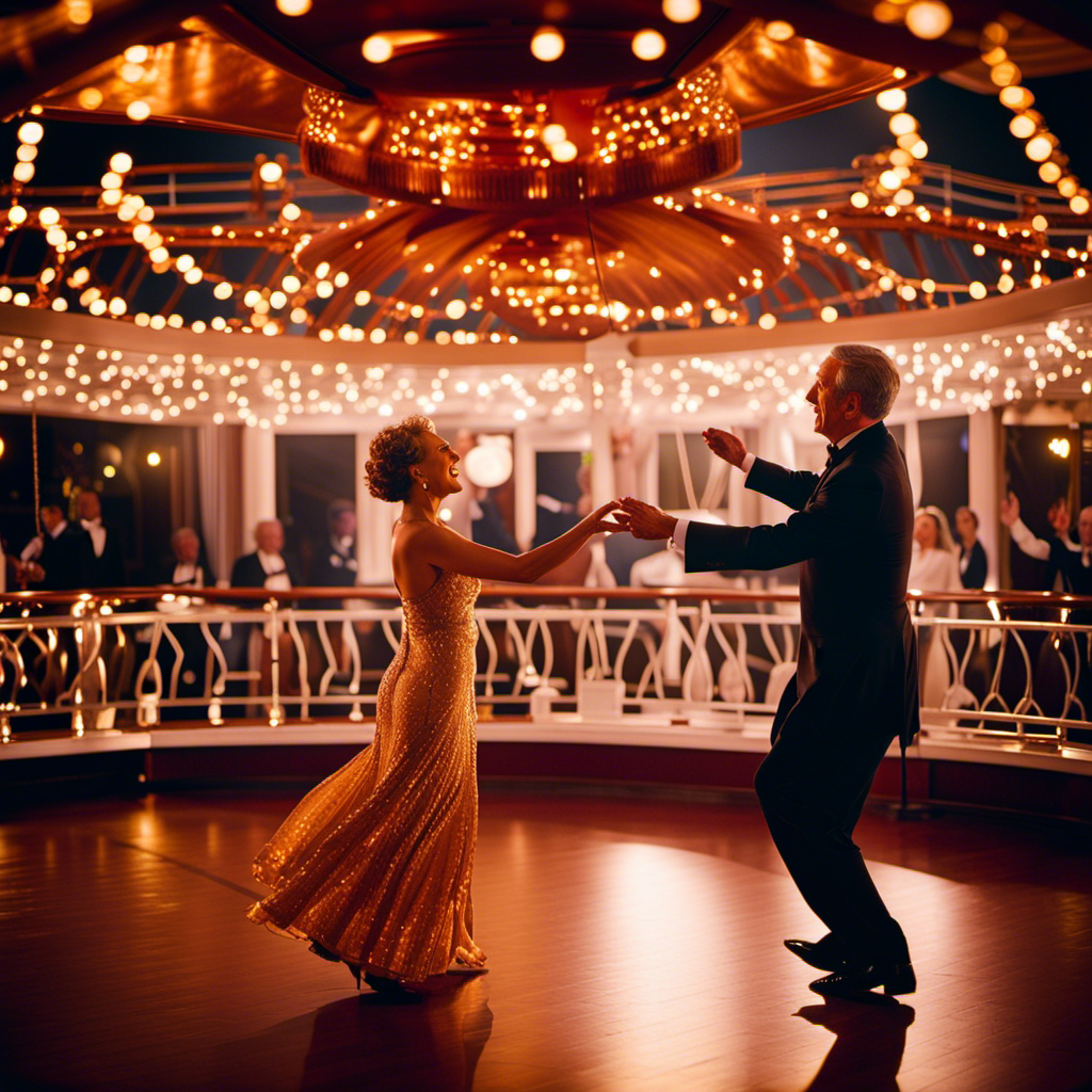 Nt scene aboard Queen Mary 2: A gracefully aged cast dances under a canopy of twinkling lights on the ship's opulent deck, enveloped in the rich hues of a mesmerizing sunset