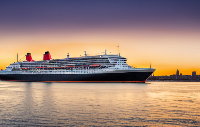 An image of the majestic Queen Mary 2, docked alongside Cunard's historic buildings, exuding timeless elegance