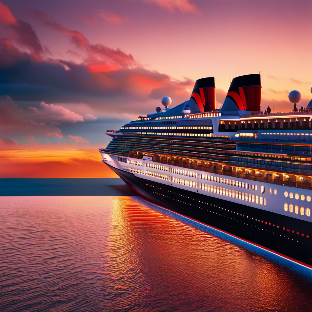 An image showcasing Cunard's new ship, a majestic vessel gliding through a vibrant sunset, adorned with sleek lines and sparkling lights, symbolizing the seamless blend of tradition and innovation that expands their rich maritime legacy