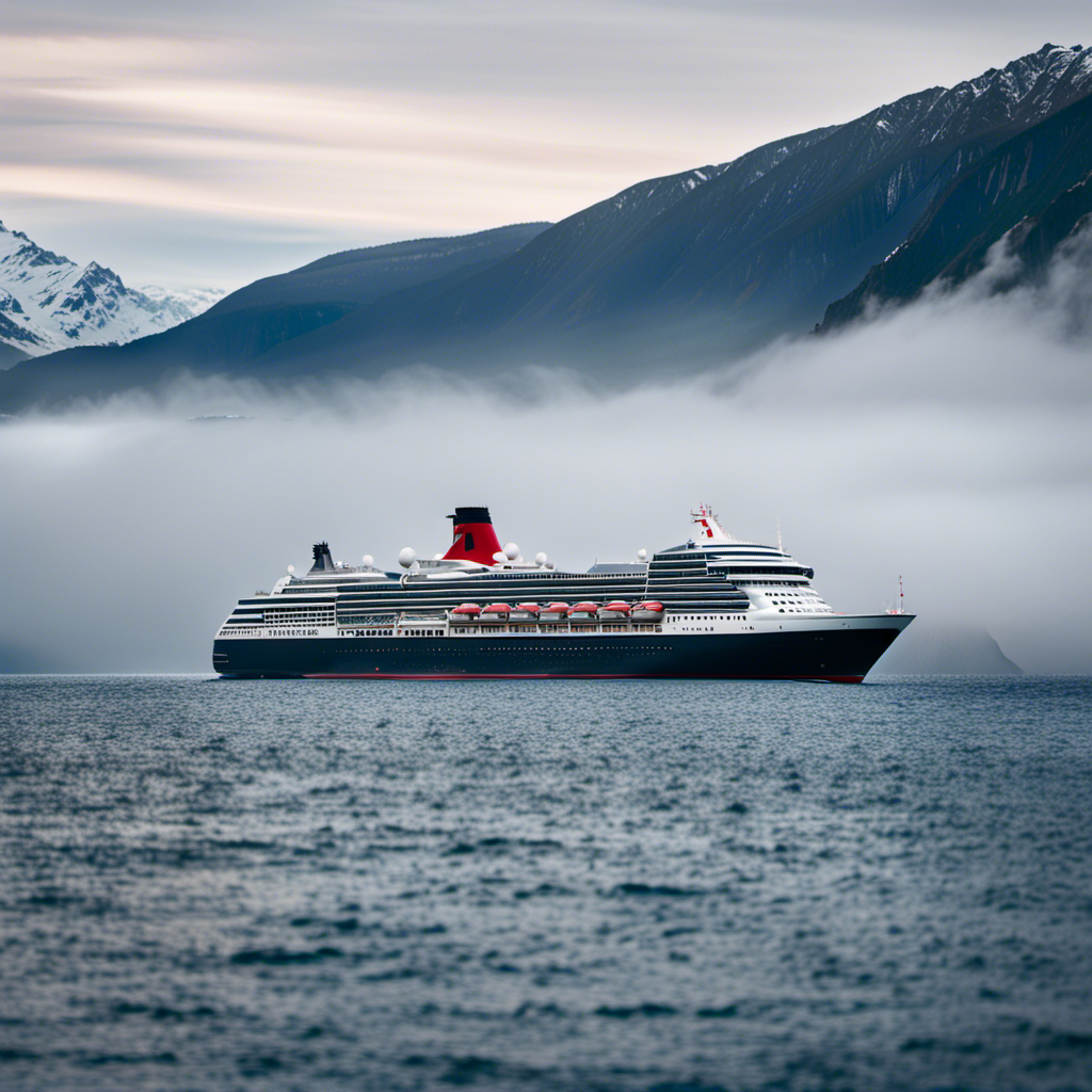 An image showcasing the majestic Cunard cruise ship sailing across a vast, serene ocean, surrounded by snow-capped mountains in the backdrop