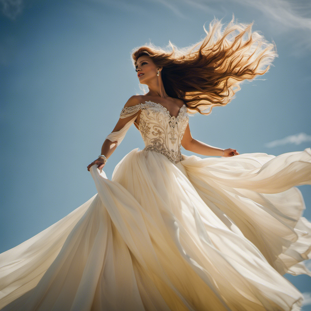 An image showcasing Cynthia DAoust, an influential American Queen, as she fearlessly soars through the sky, her regal gown billowing in the wind, symbolizing her unwavering determination to reach new heights