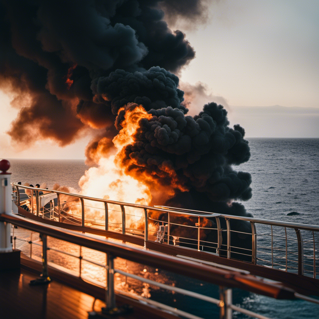 An image depicting a somber scene on a cruise ship, with billowing black smoke engulfing the deck, panicked passengers running for safety, and crew members desperately battling the flames, underscoring the terrifying consequences of smoking aboard