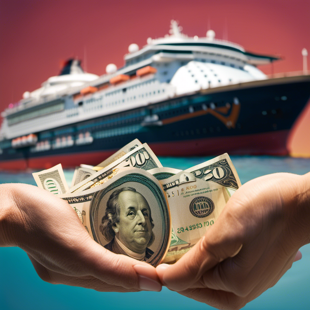 An image showcasing a split view of a traveler's hand holding a wad of cash, hesitantly hovering over a cruise ship model, while the other hand reaches towards a piggy bank