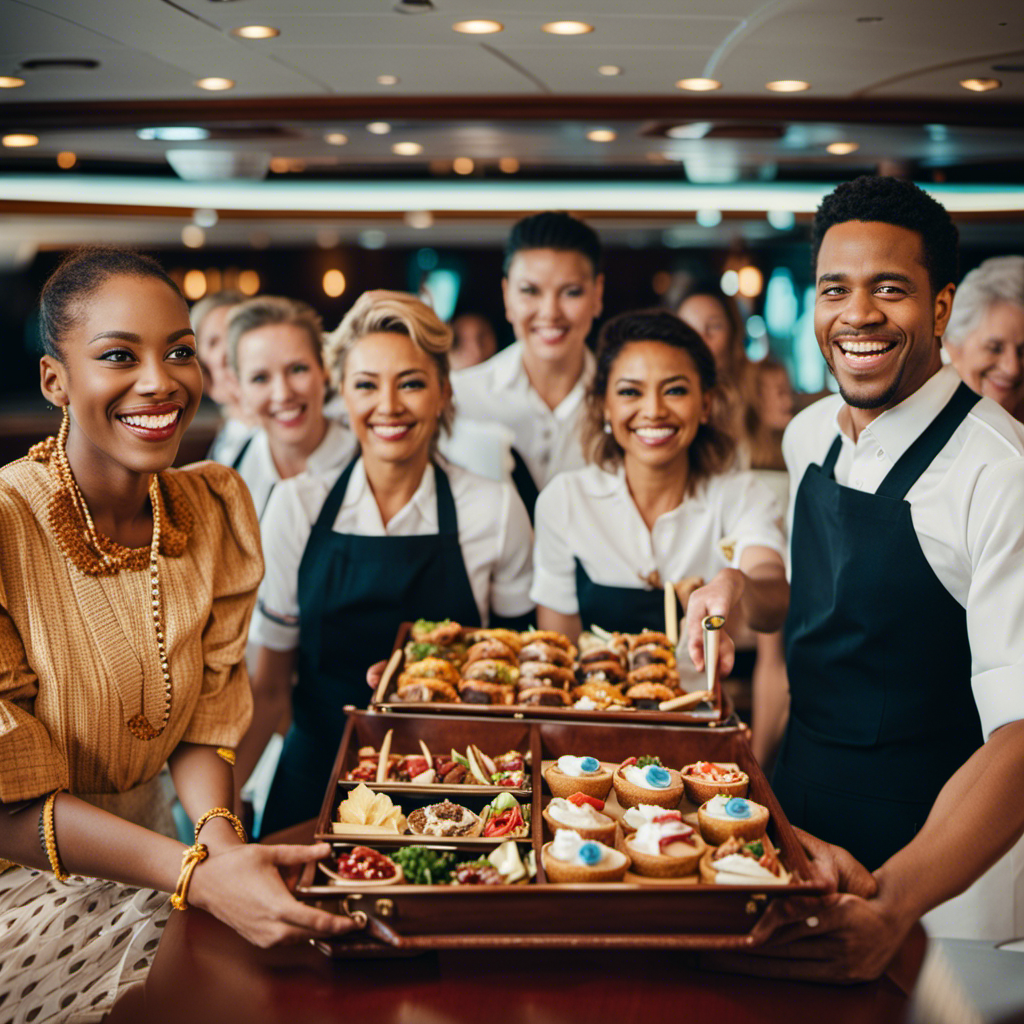An image showcasing a diverse group of smiling crew members on a cruise ship, holding trays with various symbols representing different service charges
