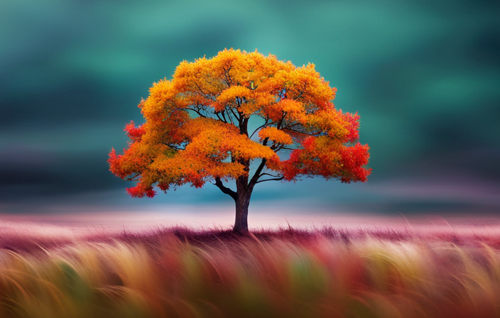 An image showcasing a solitary tree in lush greenery, surrounded by other trees displaying vibrant autumn colors